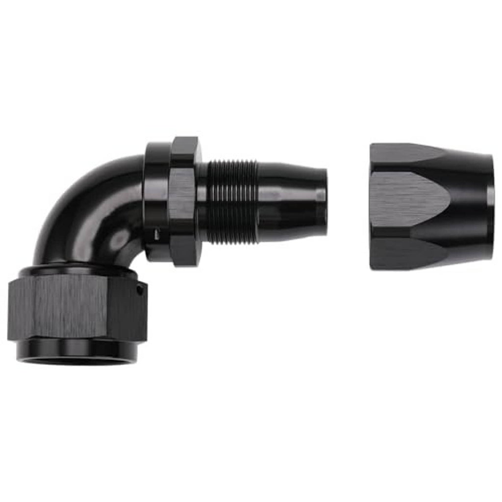 Black 90-degree swivel AN hose end fitting with male threads and mounting collar