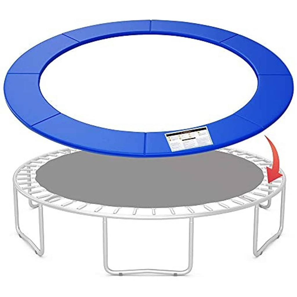 Blue trampoline spring cover pad ring installed on a trampoline base with legs