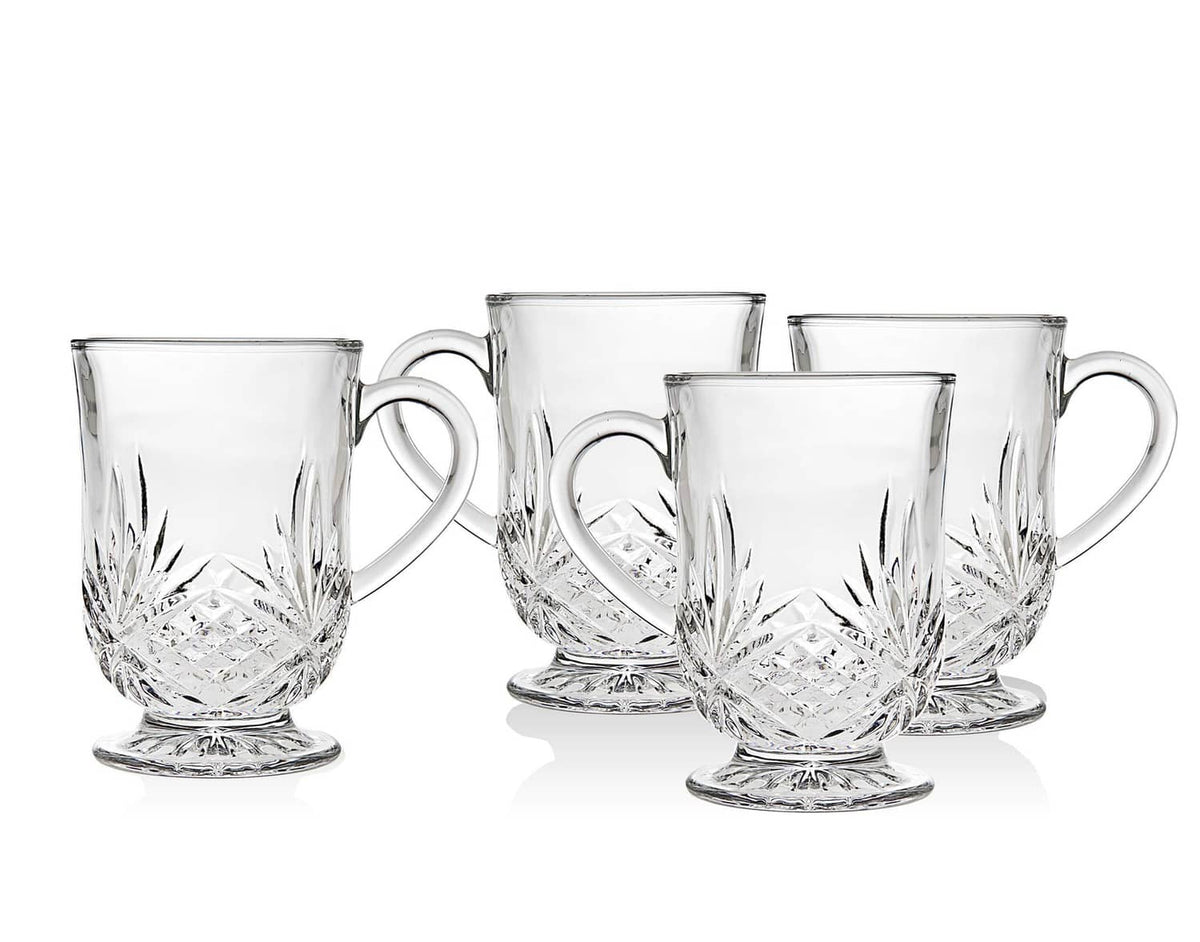 Set of clear glass coffee mugs with diamond-cut floral pattern and pedestal base