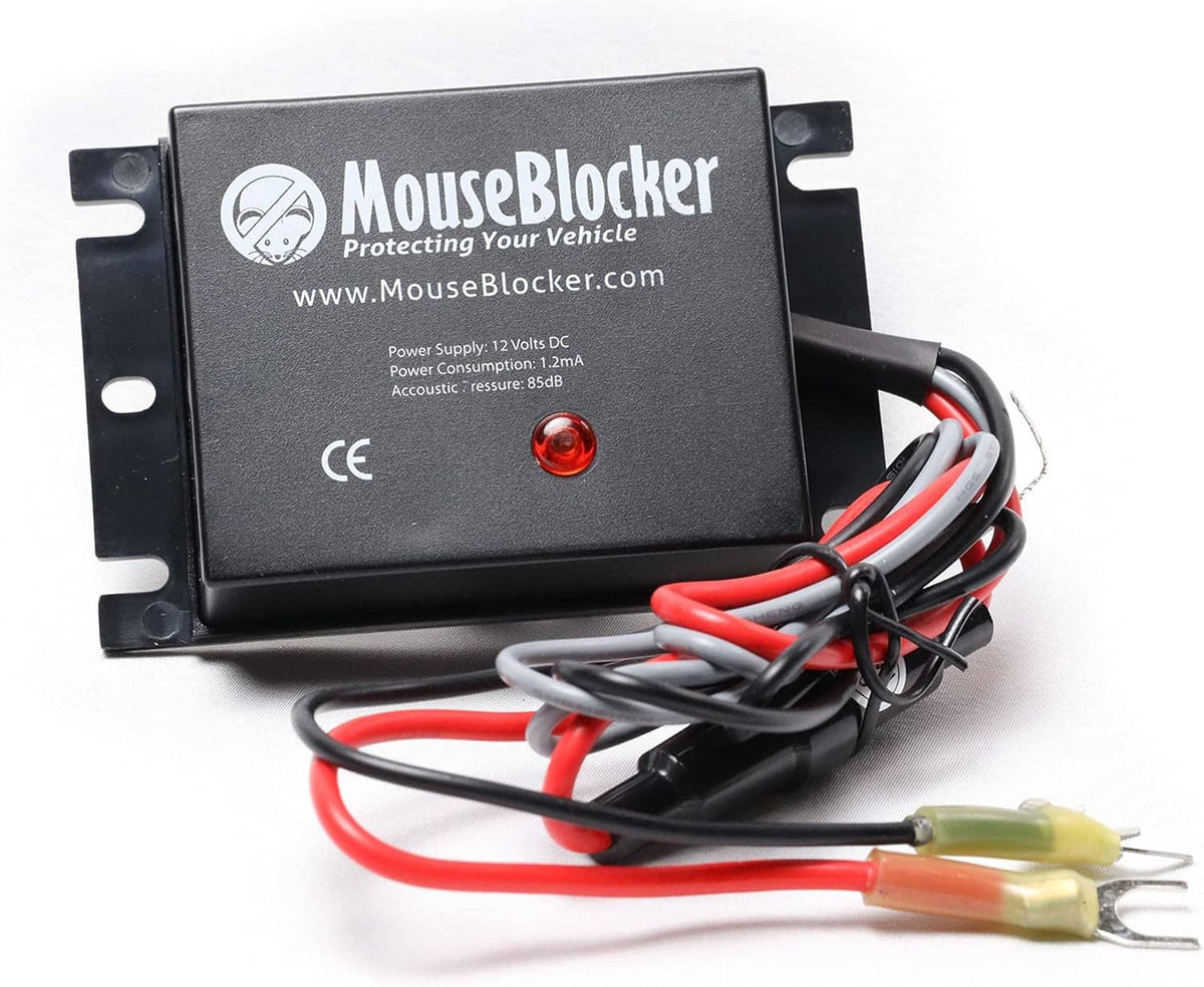 12V MouseBlocker module with red and black wiring harness and two ring terminals