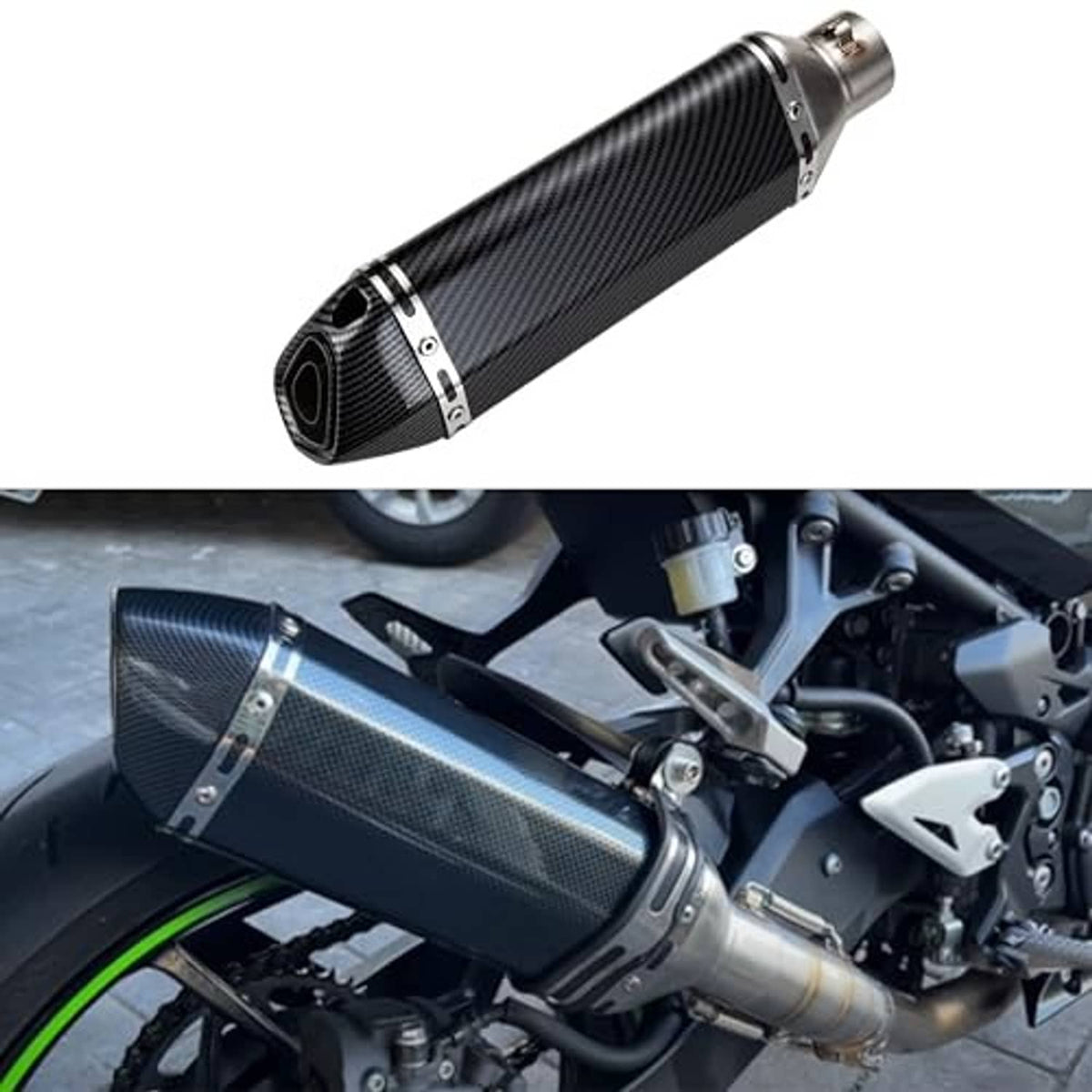 Motorcycle exhaust muffler with carbon-fiber body and stainless-steel outlet
