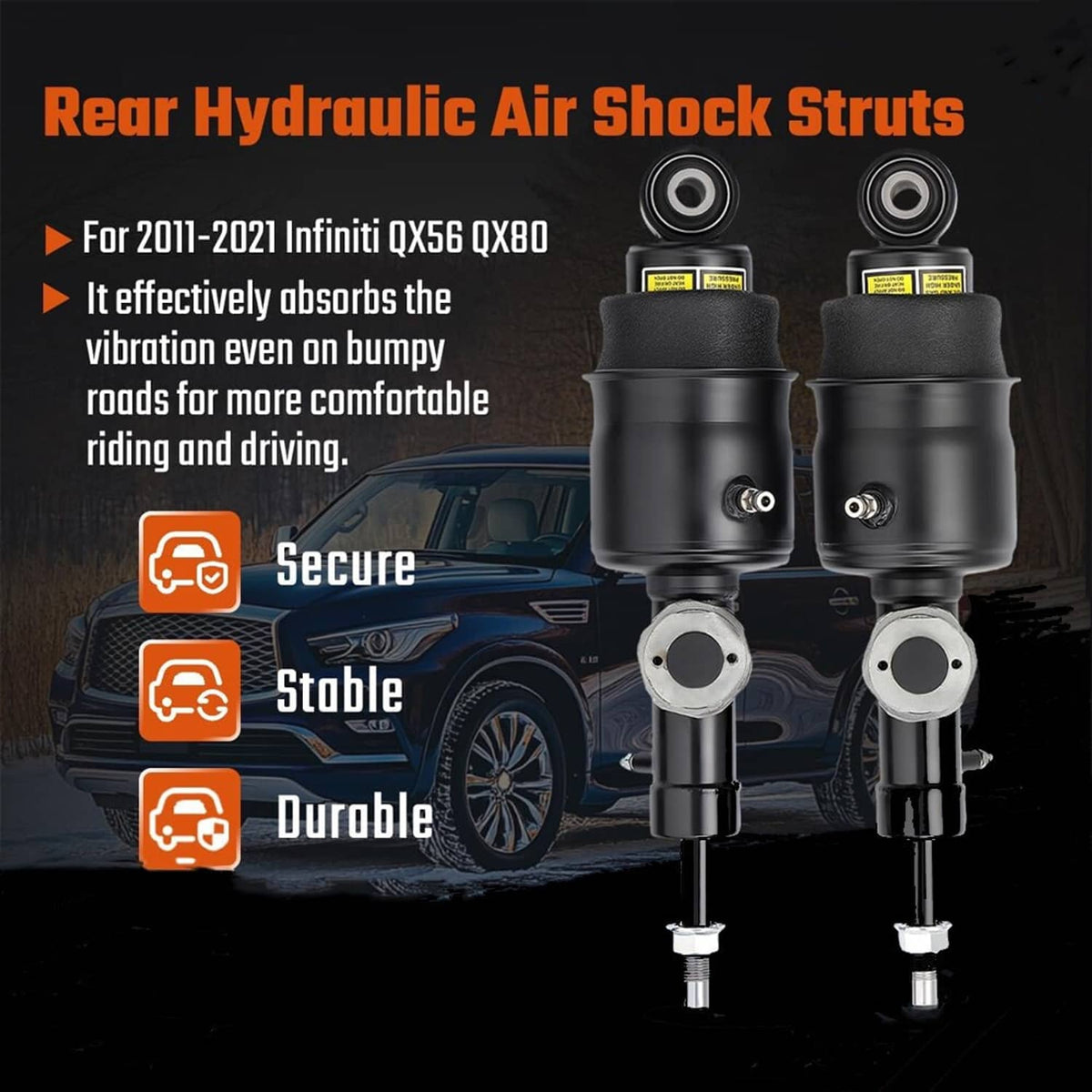 Rear hydraulic air shock struts set with two black cylinders and top/bottom mounting studs