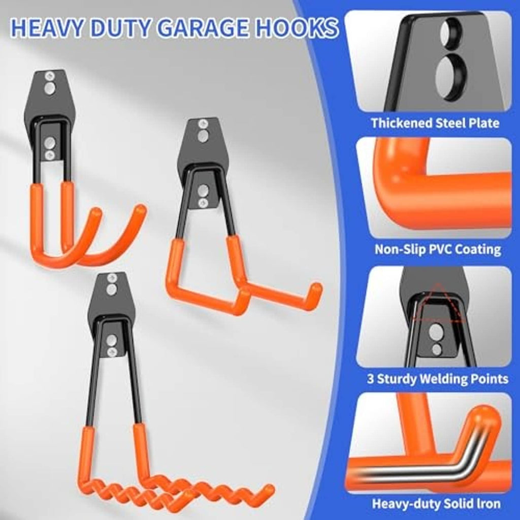Heavy-duty garage hook set with thick black steel plates and orange non-slip PVC-coated arms