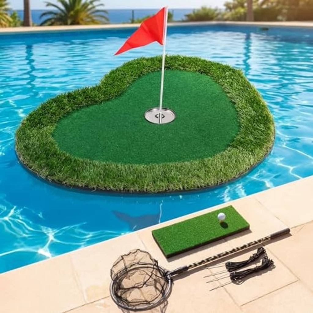 Floating golf green mat with red flag in pool, with putting accessories on deck