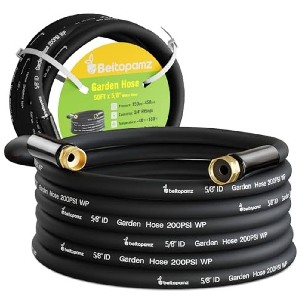 Black garden water hose coil with brass connectors, neat stacked display