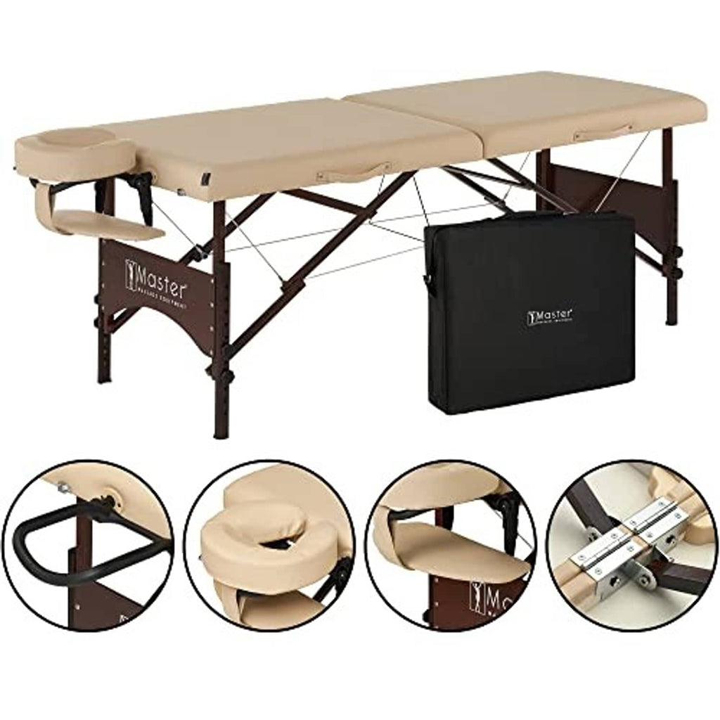 Portable massage table in cream with headrest and armrests, walnut frame; fold detail insets