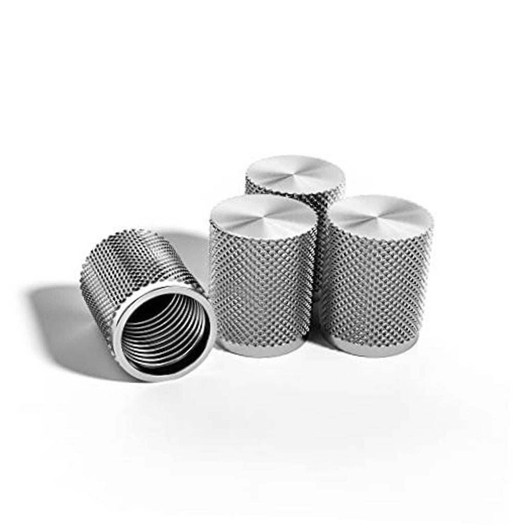 4-pack stainless steel tire valve caps with textured grip and knurled sides