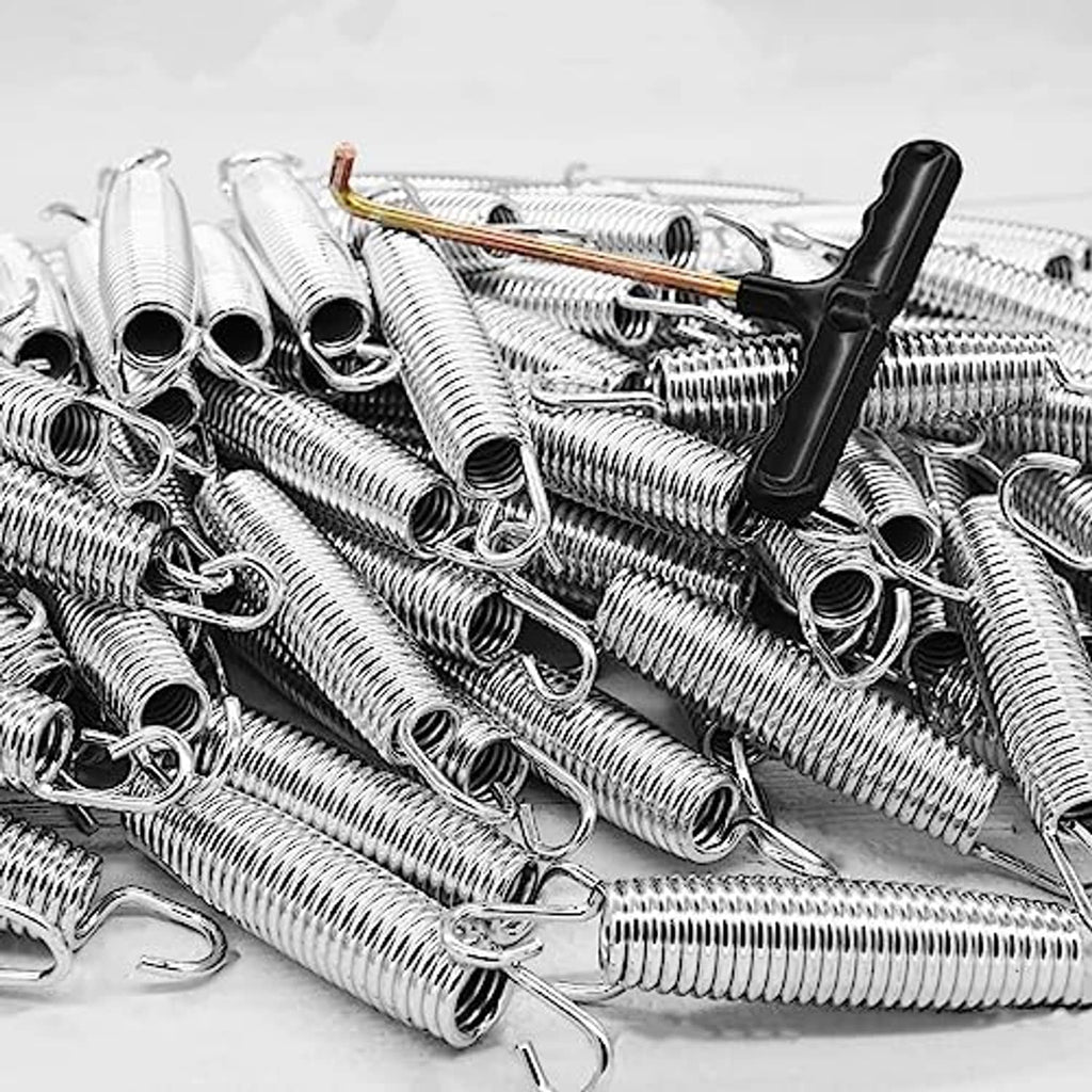 Bulk trampoline spring replacements with T-hooks, silver coils and black tool
