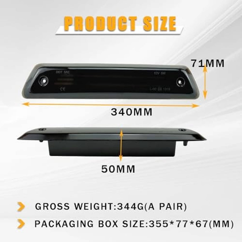 LED third brake light size diagram for black housing, 340mm width and 71mm height