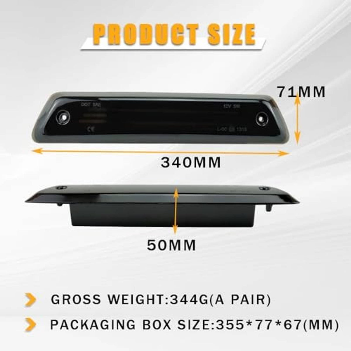 LED third brake light size diagram for black housing, 340mm width and 71mm height