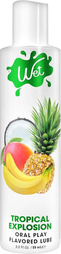Tropical Explosion flavored lubricant bottle, front label with pineapple and fruit