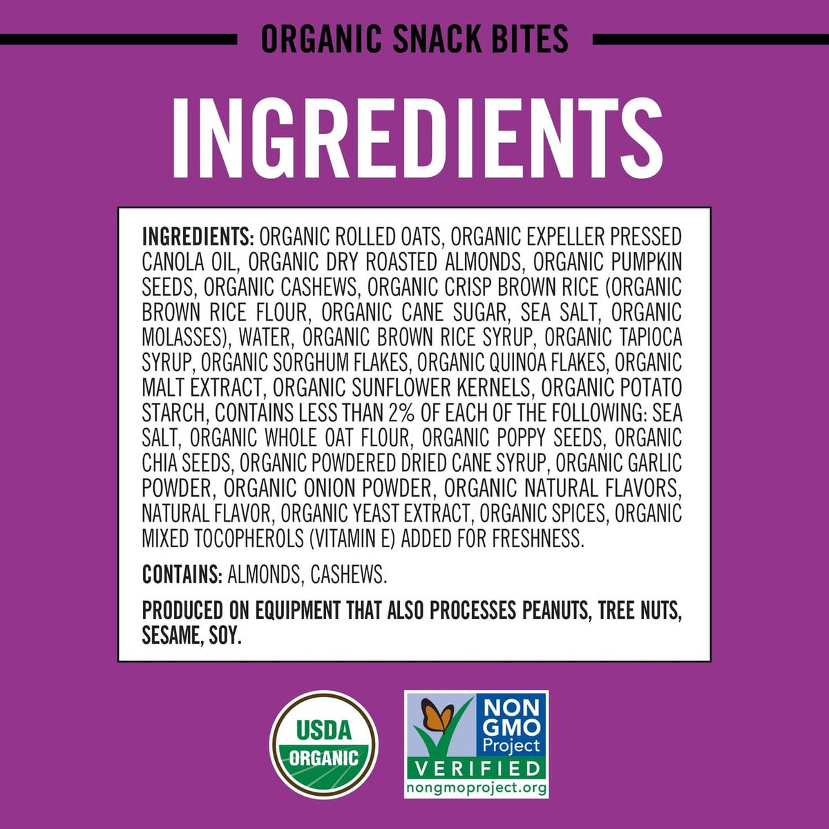 Organic snack bites bag ingredients panel with USDA organic and non-GMO icons