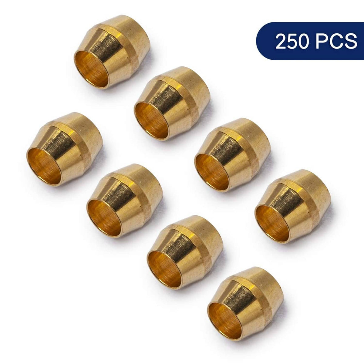 Brass compression sleeve ferrules, 250-piece set of cylindrical flared sleeves