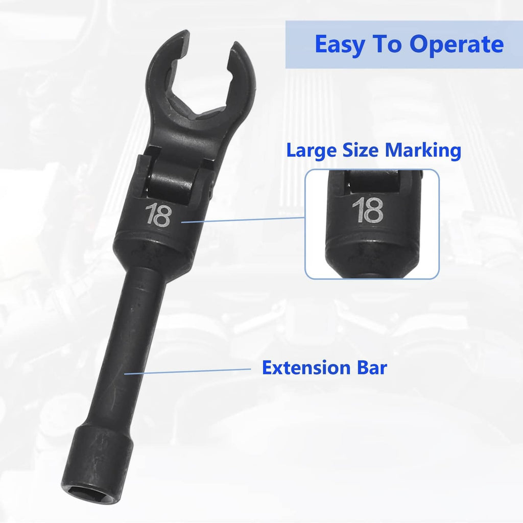 Black 18mm flex-head line wrench with extension bar and large size marking