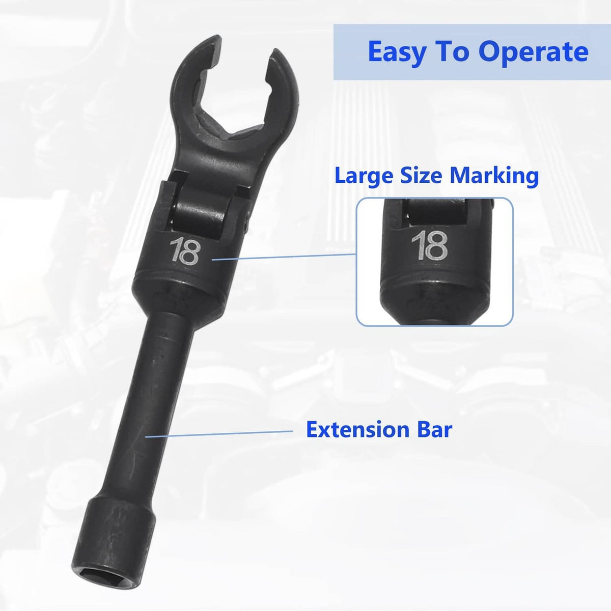 Black 18mm flex-head line wrench with extension bar and large size marking