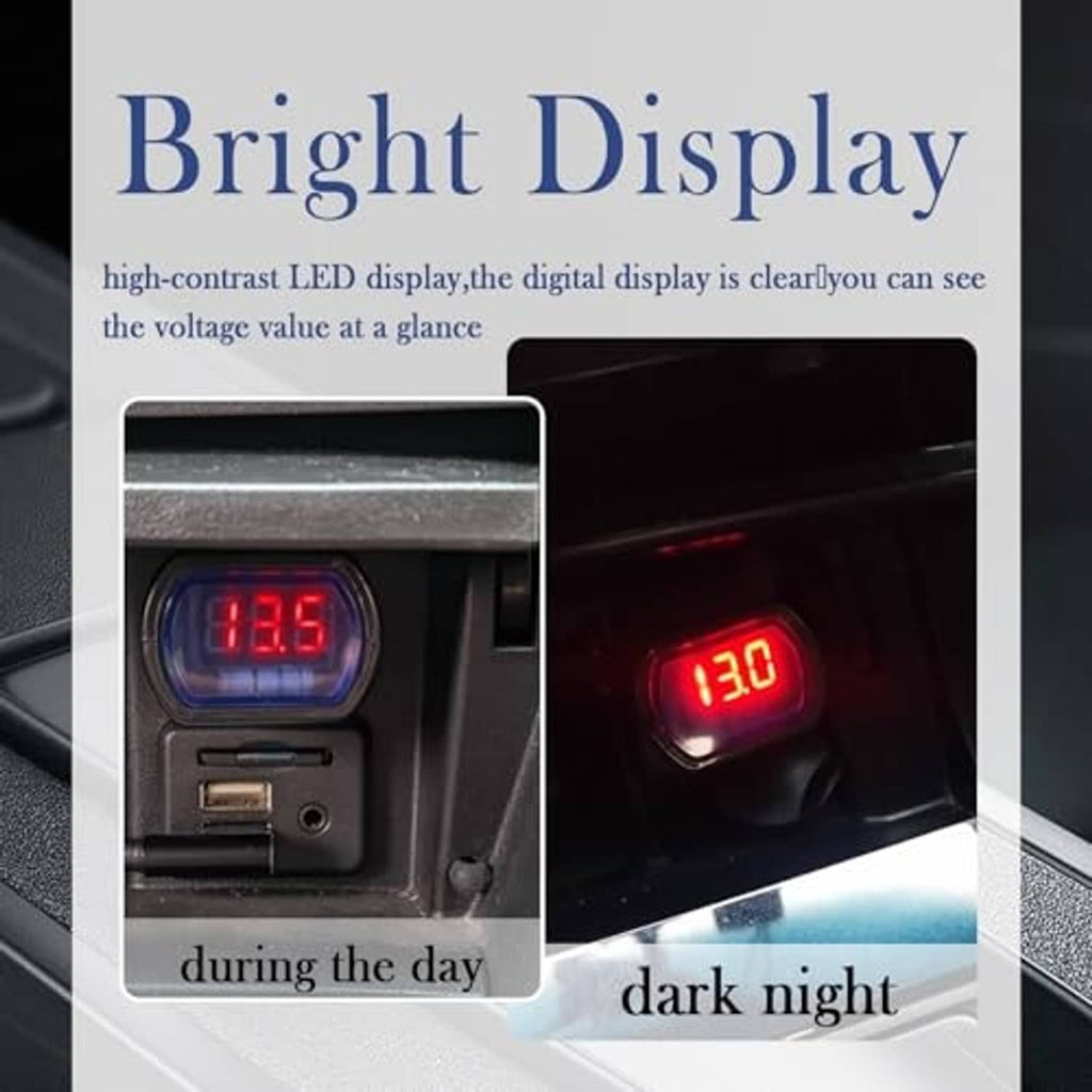 Car cigarette lighter voltage meter showing red 13.5V display in bright and dark views
