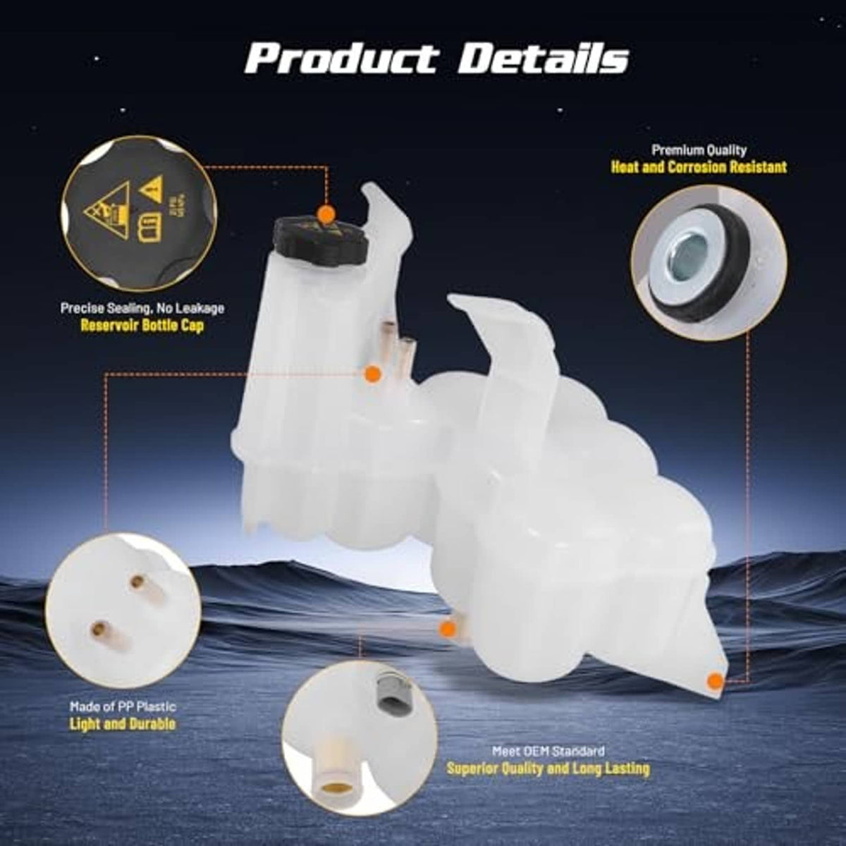 Engine coolant reservoir tank with cap and sensor, white plastic with round seal and port