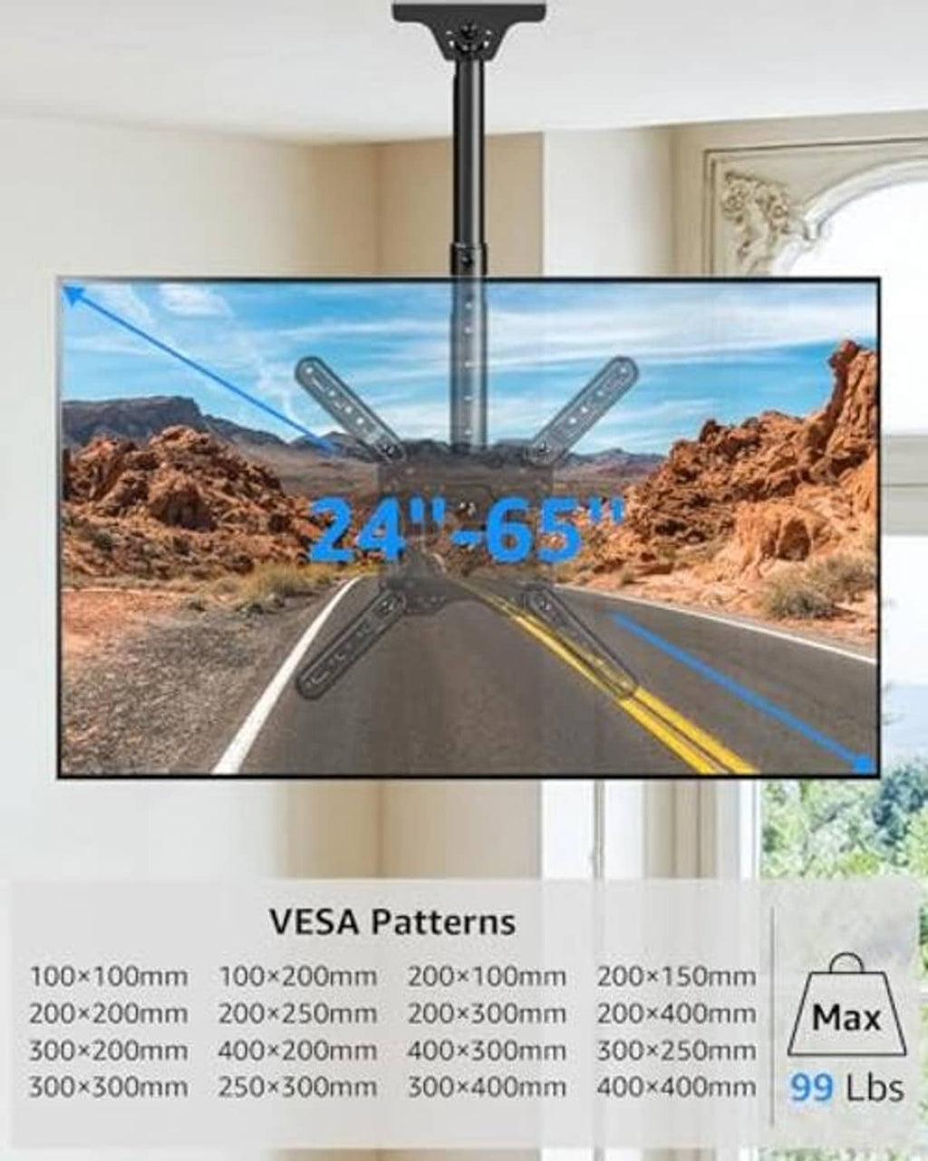 Black VESA-compatible ceiling TV mount with multi-hole mounting bracket