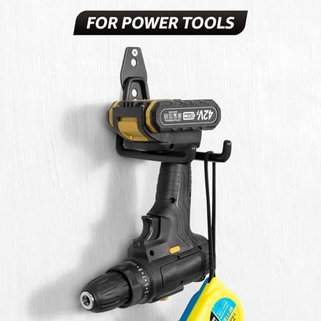 Black wall-mounted garage hook for power tools with curved hanger