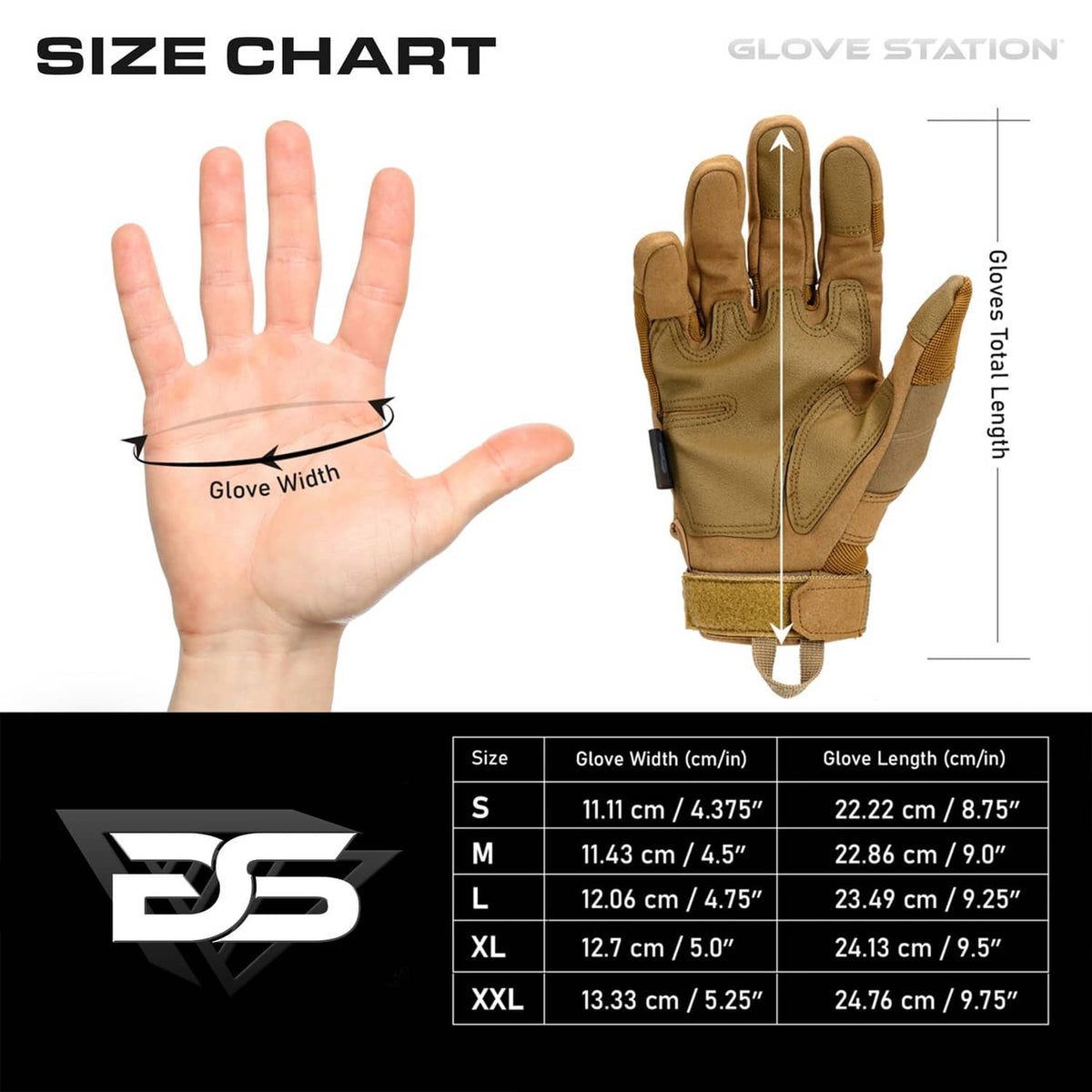 Tan tactical gloves size chart showing glove width and length measurements