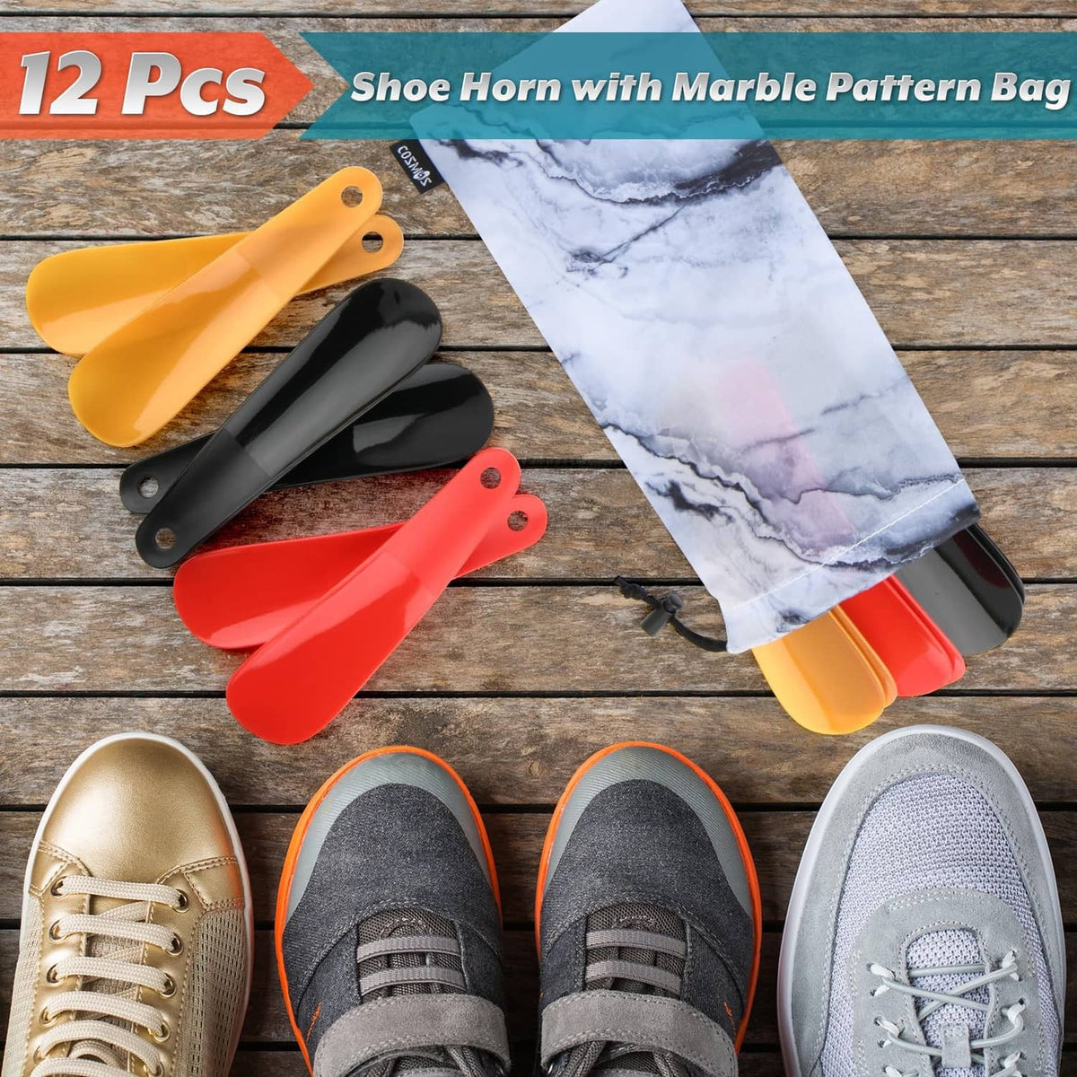 Colorful plastic shoe horns with marble pattern storage bag and several shoes