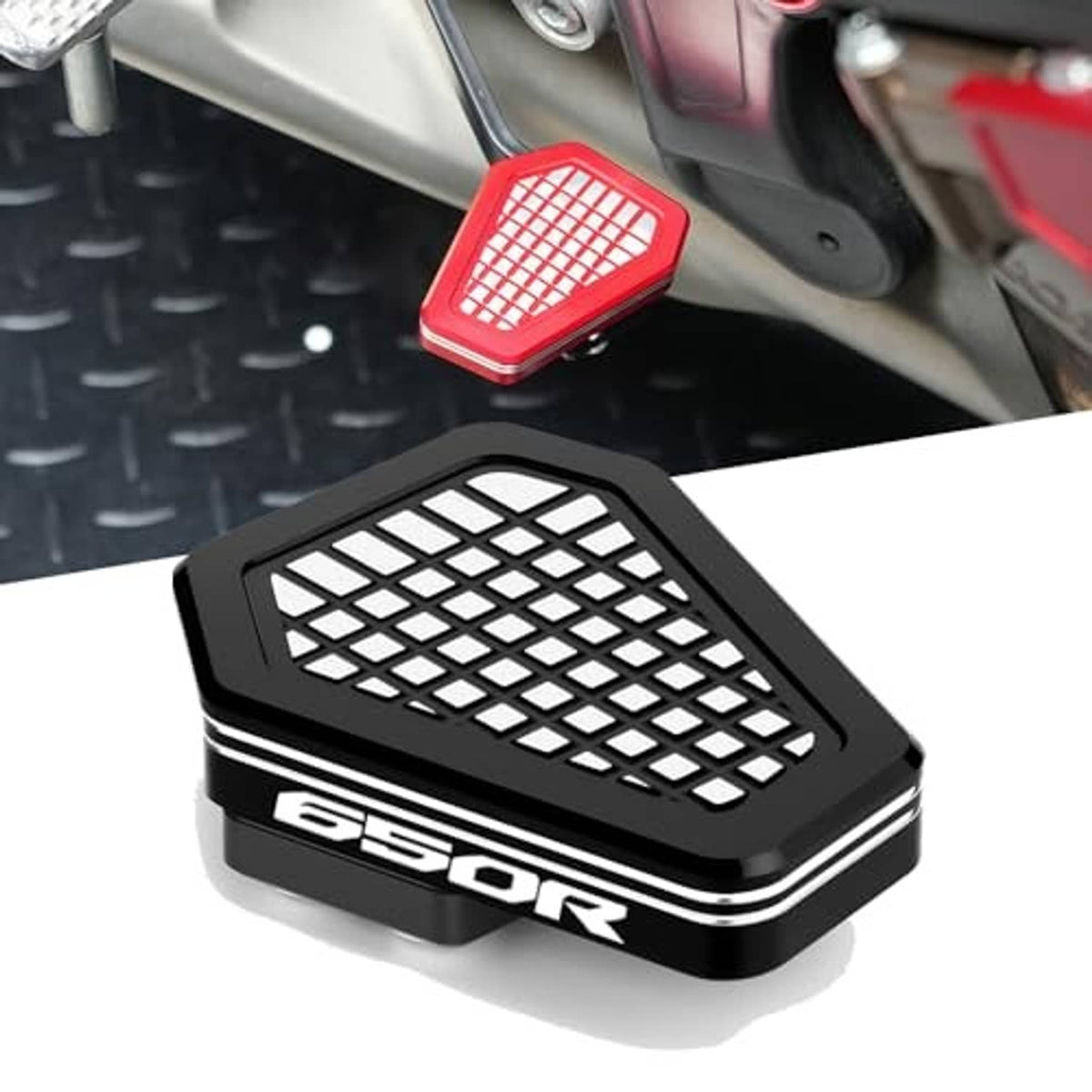 Brake lever pedal extender with black grid anti-slip pad and red accent plate