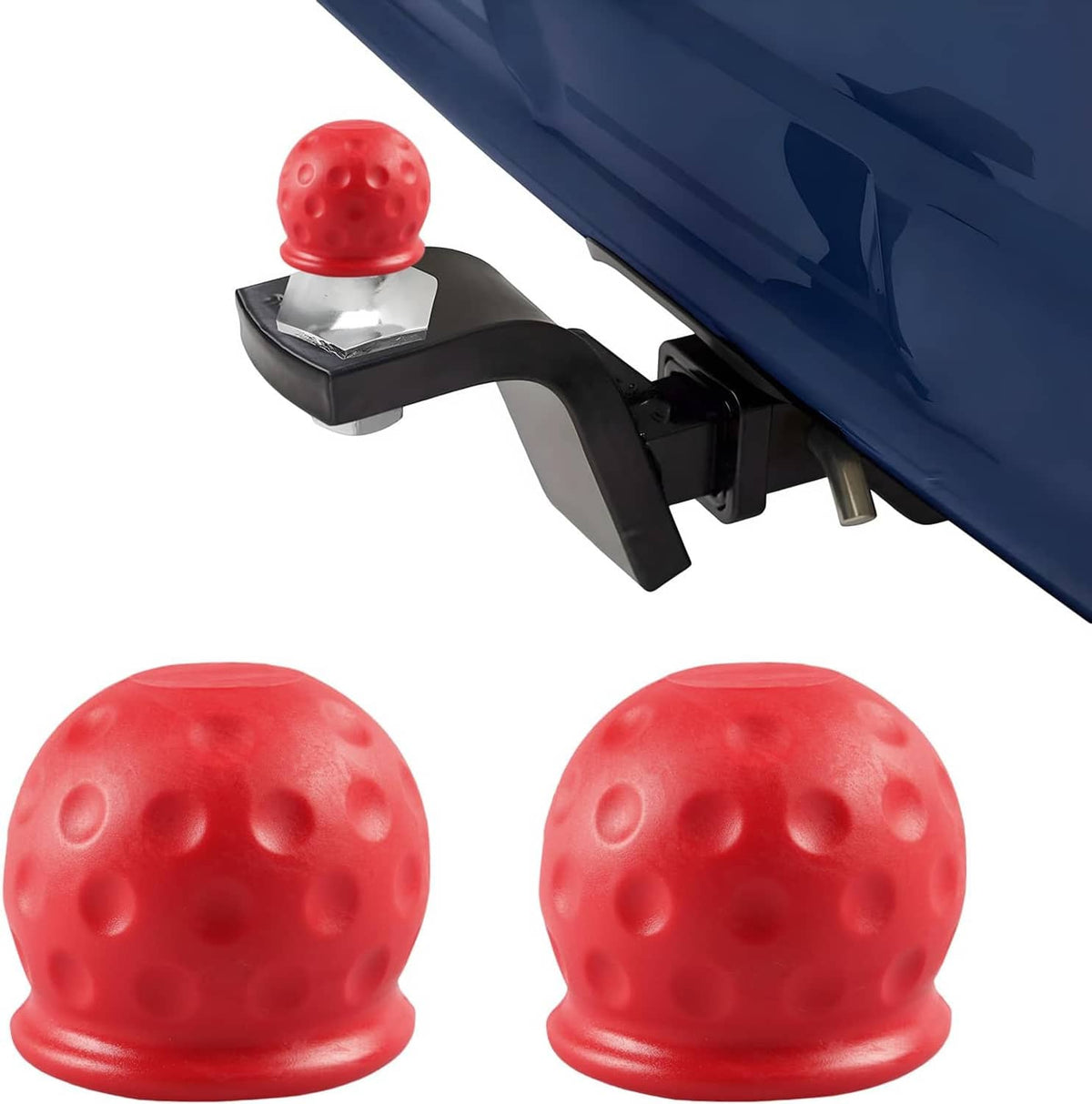 Red rubber towball protectors set, one installed on hitch and two spare dome covers