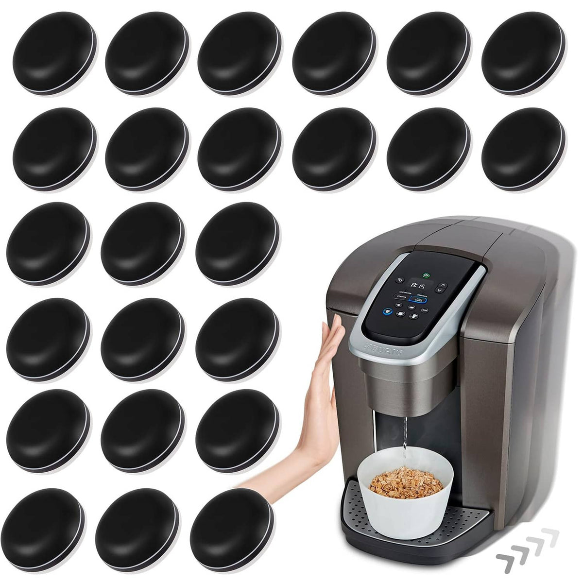 Set of black round appliance slider pads, with one pad shown on a countertop appliance