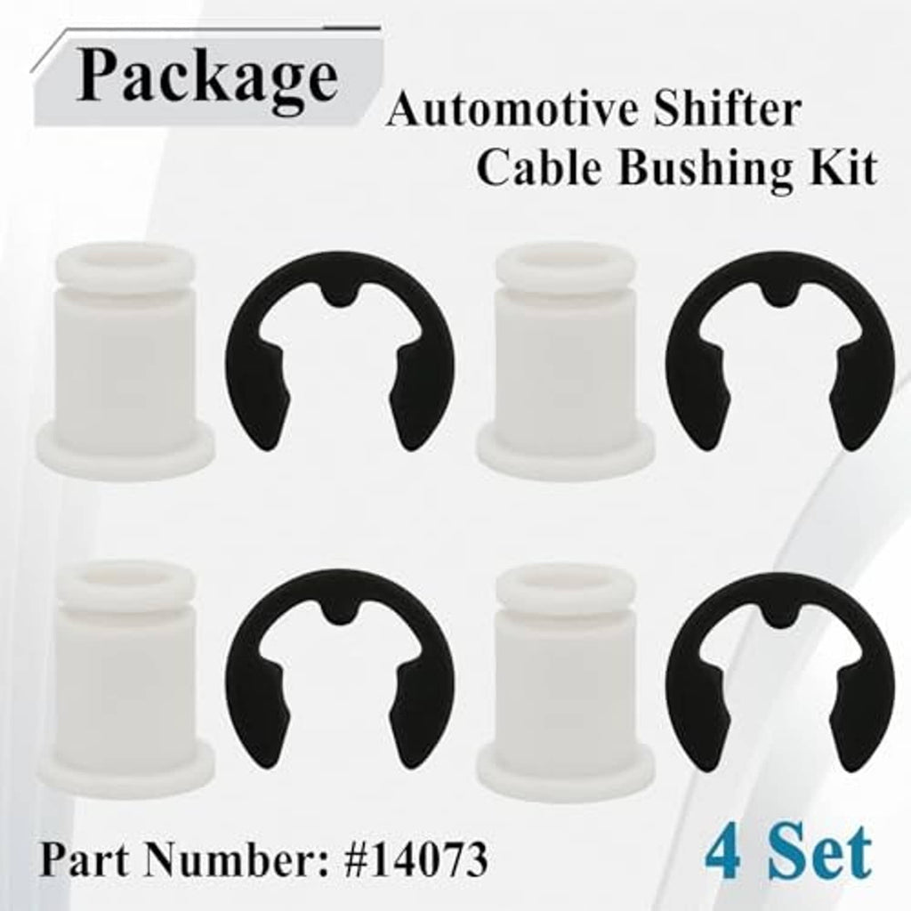 Automotive shifter cable bushing kit with four white bushings and black inserts