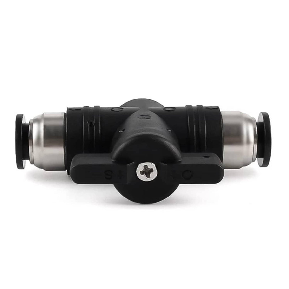 Pneumatic ball valve with lever handle, black center and chrome tube ports