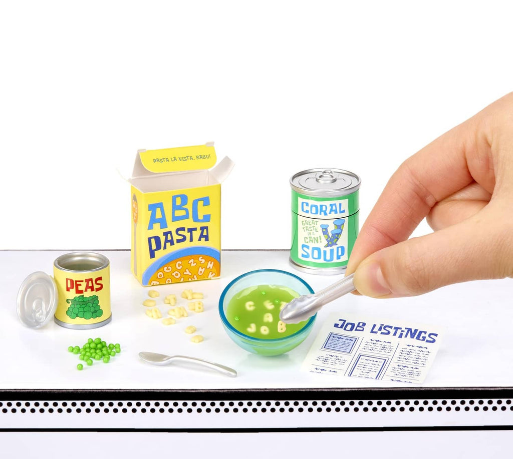 Mini food ingredients playset with mixing bowl, spoon, cans, pasta box and sprinkles