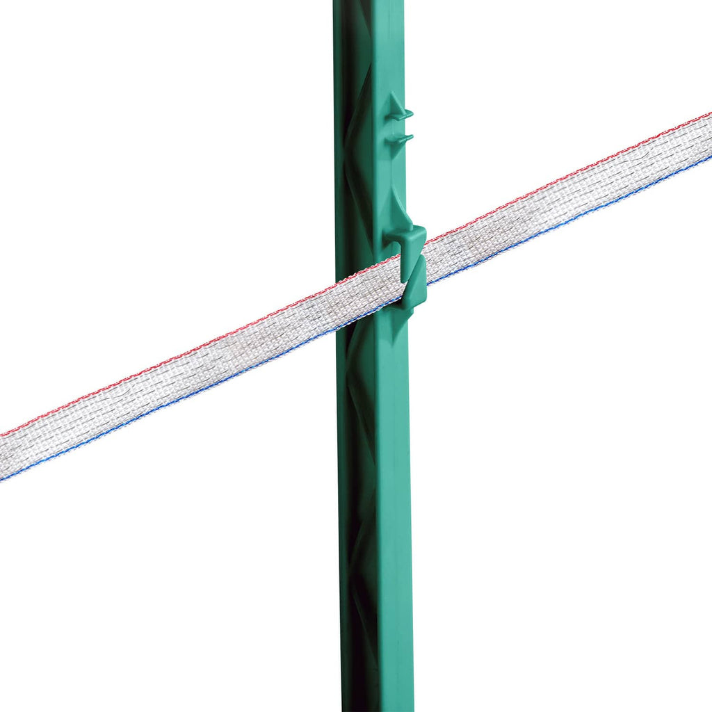 Tensioned electric fence tape secured to a green post clip, red-white-blue strands