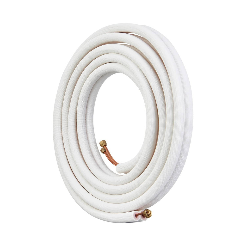 Insulated mini split line set, coiled white tubing with copper fittings and ends