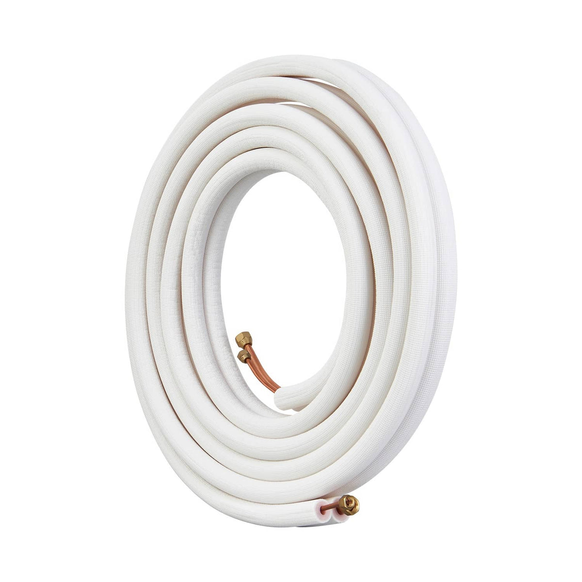 Insulated mini split line set, coiled white tubing with copper fittings and ends