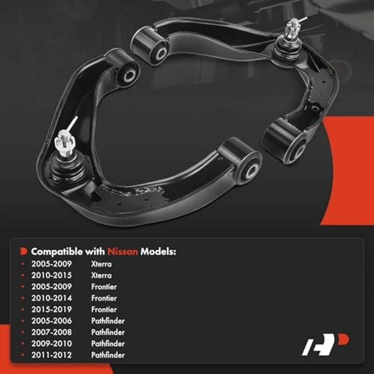 Front upper control arms in black with ball joints and bushings, angled assembly