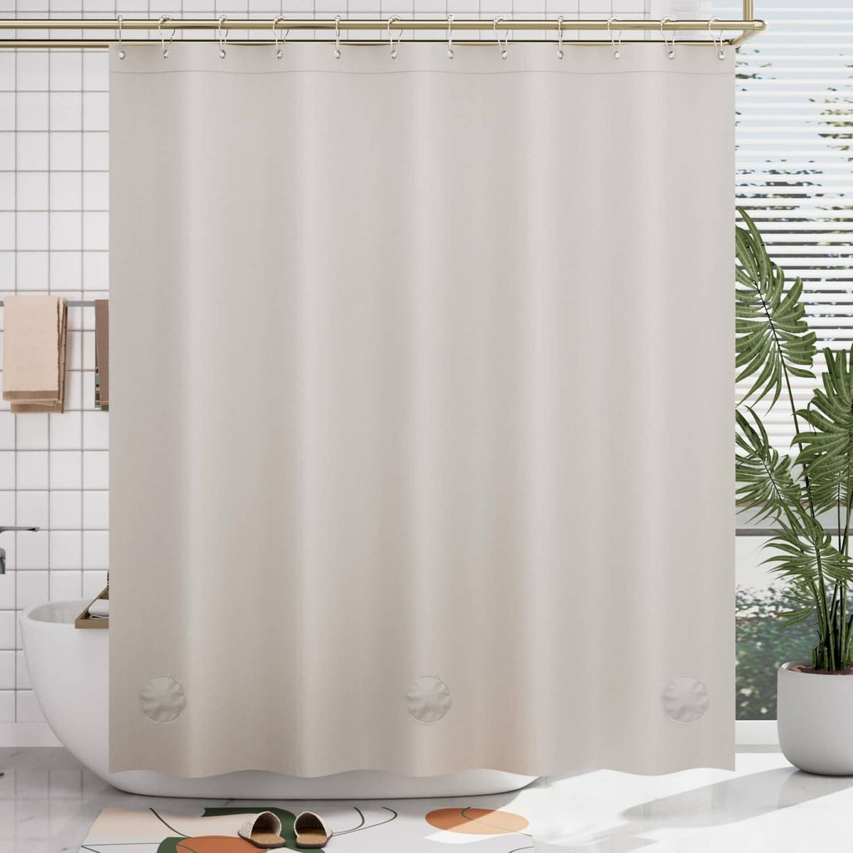 Tan shower curtain liner with subtle embossed shell pattern and buttonhole grommets