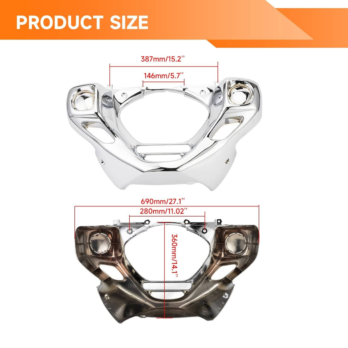 Front and underside dimension diagram of chrome engine cowl cover with measurements