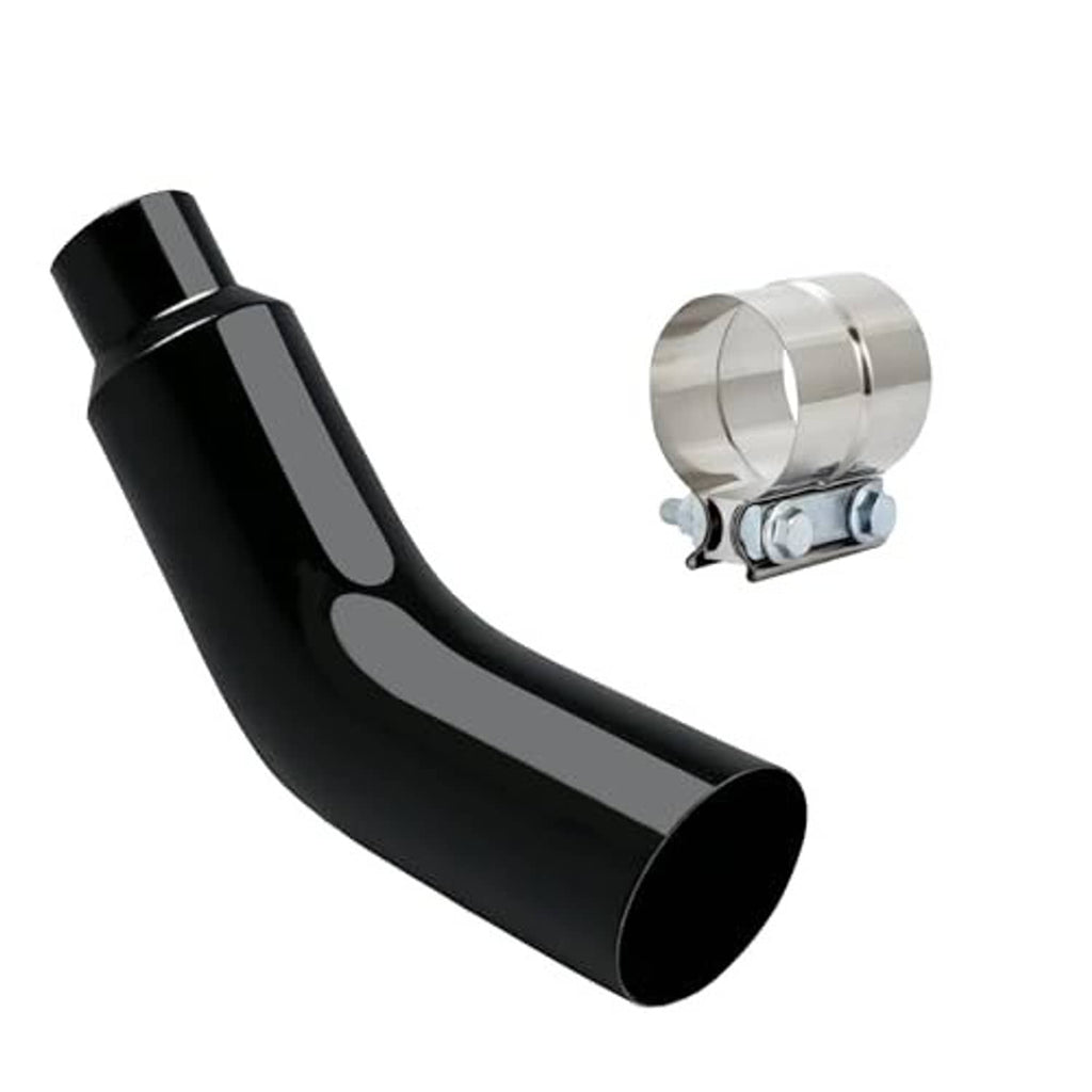 Black universal exhaust elbow with clamp and polished metallic mounting ring