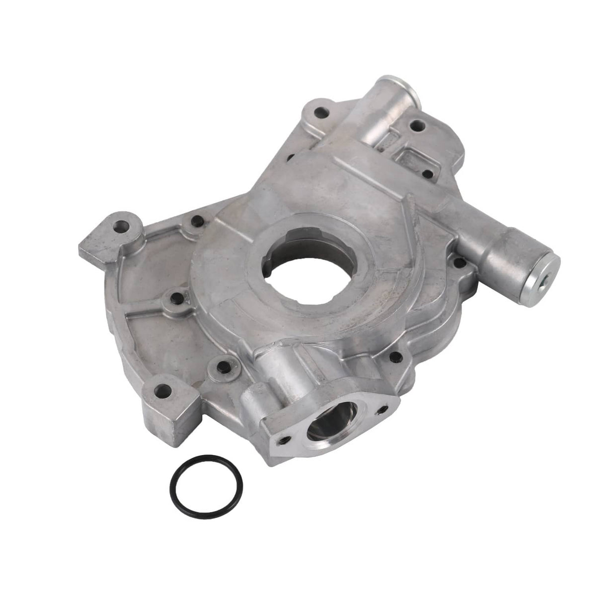 Oil pump assembly housing with circular inlet opening, bolt holes, and seal ring