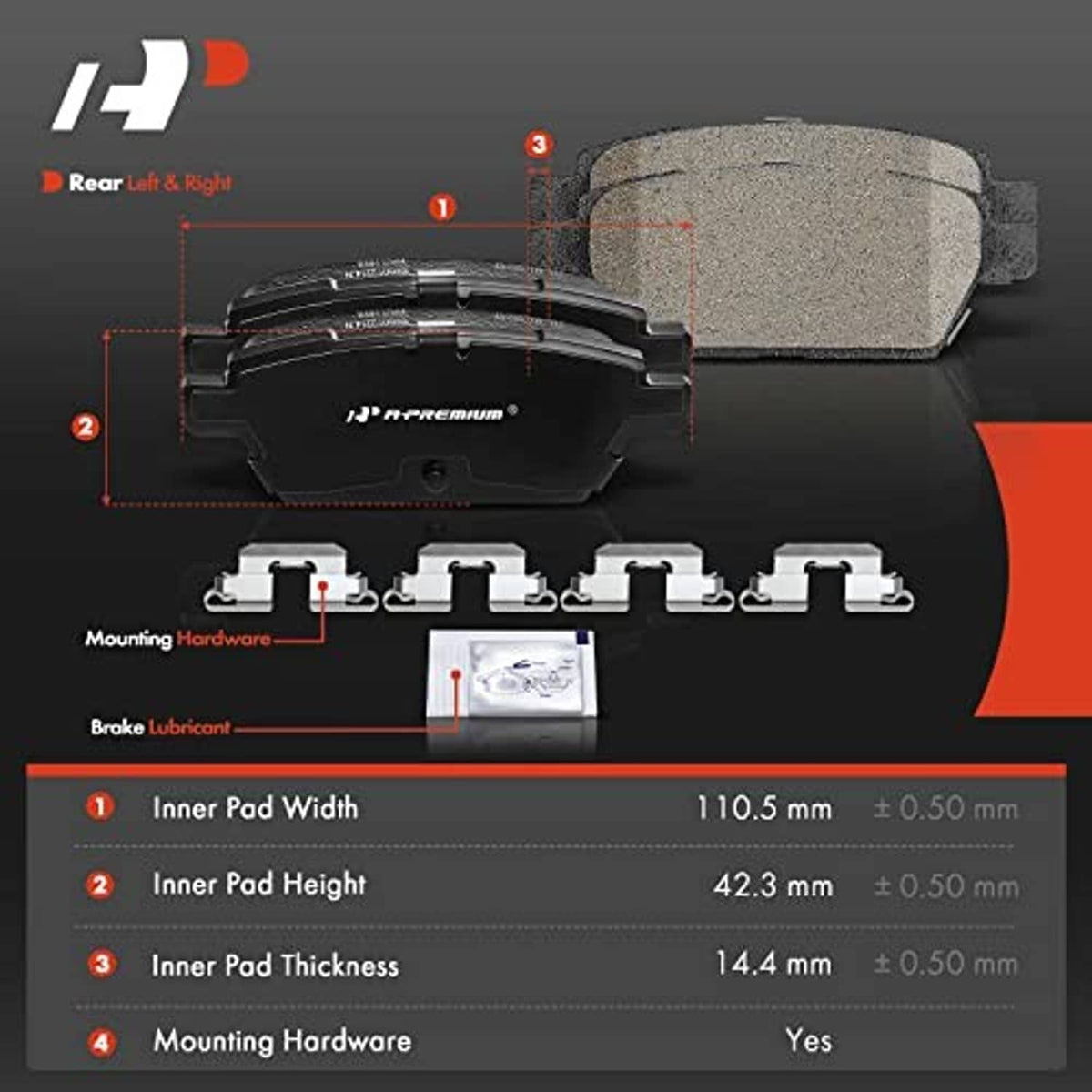 Rear brake pads and hardware kit shown with inner pad dimensions diagram