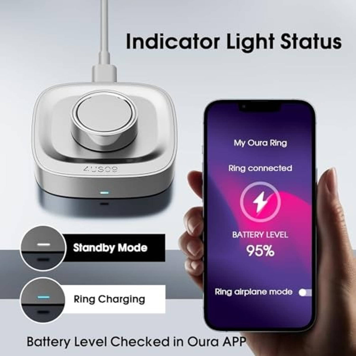 Oura Ring Gen 4 charging dock with blue indicator light, compact silver base