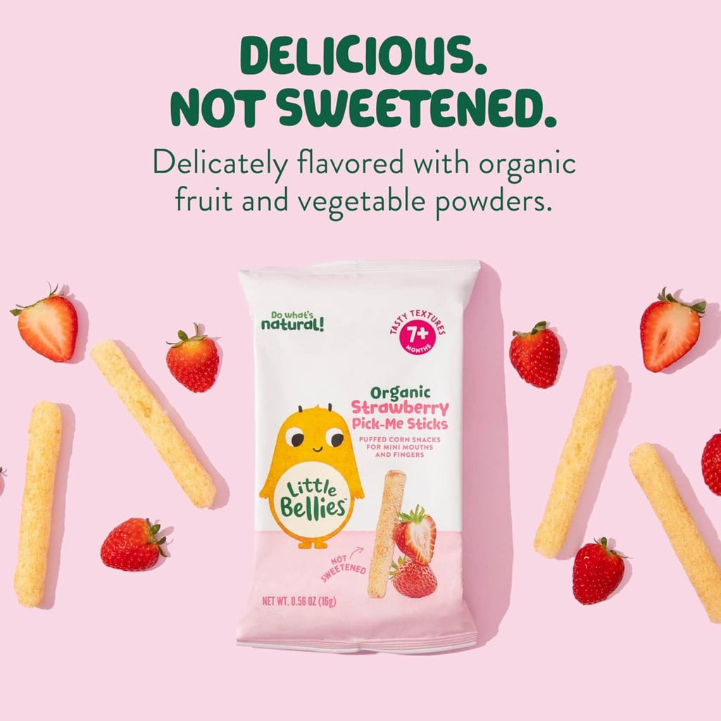 Little Bellies organic strawberry pick-me sticks pouch with “delicious, not sweetened”