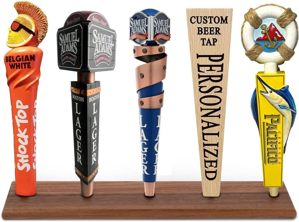 Brown wooden beer tap handle display stand with multiple decorative tap handle signs
