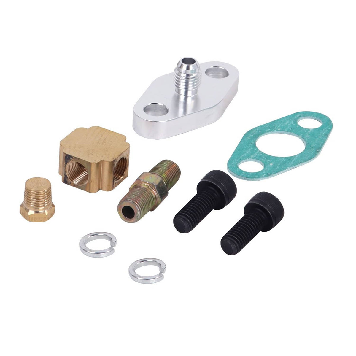 Turbo oil feed line kit parts set: aluminum bracket, brass fittings, green gasket, black bolts