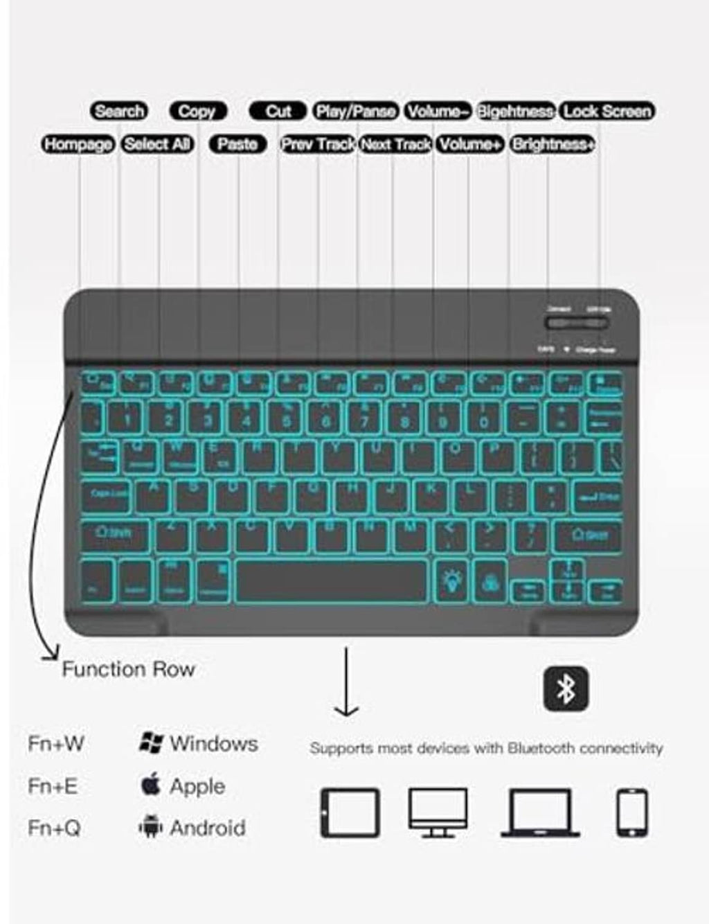 Close-up of backlit keyboard with teal-blue illuminated keys and function row labels