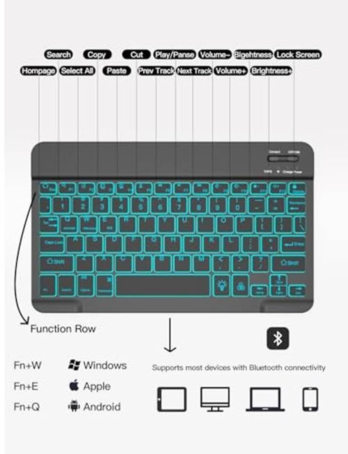 Close-up of backlit keyboard with teal-blue illuminated keys and function row labels