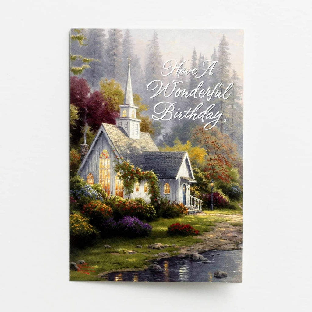 Birthday greeting card reading 'Have A Wonderful Birthday' with a church scene illustration