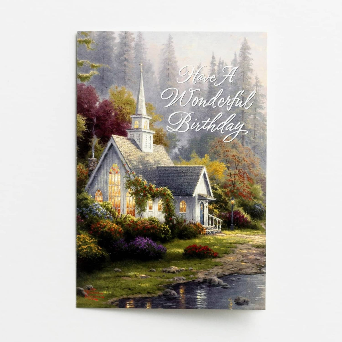 Birthday greeting card reading 'Have A Wonderful Birthday' with a church scene illustration