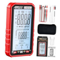Red digital multimeter tester with large LCD display and test leads, compact handheld