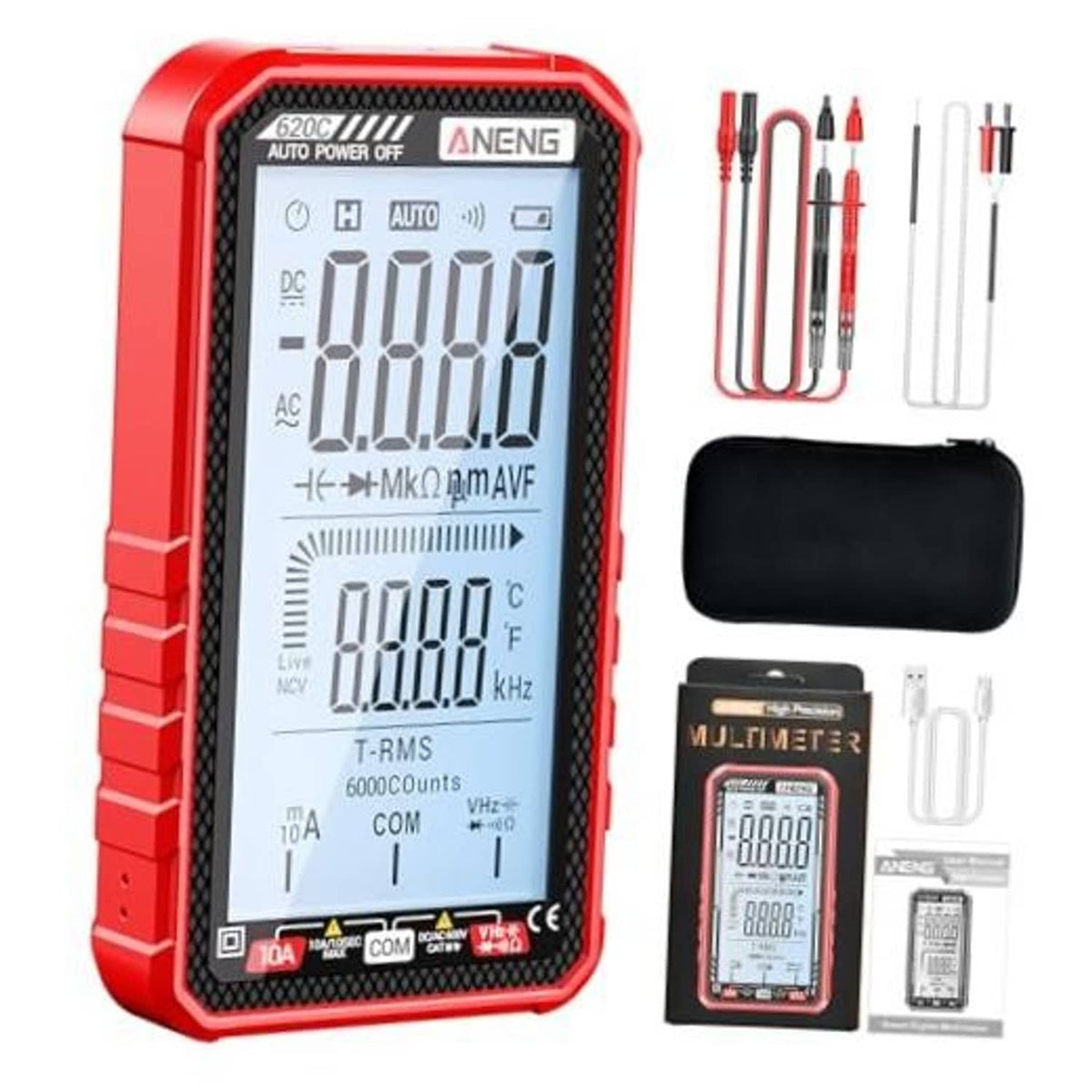 Red digital multimeter tester with large LCD display and test leads, compact handheld